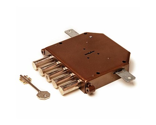 Замок врез. Гранит 1.06.12 никель, сувальдный стержни 5 шт. диаметр 18мм тяги. медный антик. бонки