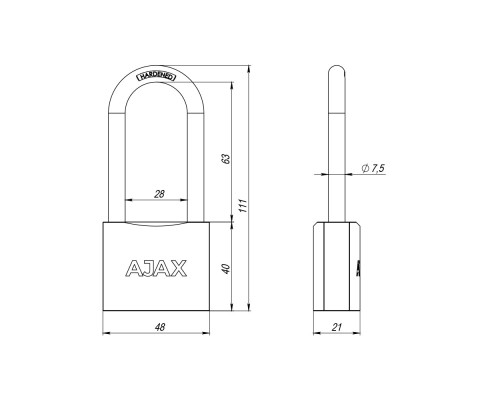 Замок Ajax (Аякс) навесной PD-0150-L (PD-01-50-L) 3 key англ. Замок Ajax (Аякс) навесной PD-0150-L (PD-01-50-L) 3 key англ.
