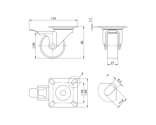 Опора Ajax (Аякс) колесная со стопором и площадкой WL/B-60R/50 kg (brake) резина