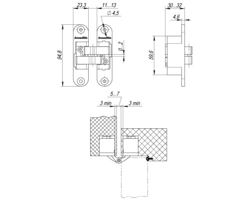 Петля Armadillo (Армадилло) скрытой установки U3D4200R AB правая (Architect 3D-ACH 40) бронза 40 кг