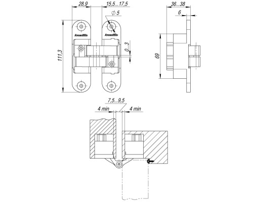 Петля Armadillo (Армадилло) скрытой установки U3D6200R AB правая (Architect 3D-ACH 60) бронза 60 кг