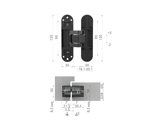 Петля Armadillo (Армадилло) скрытой установки U3D3300.TG BL черный Петля Armadillo (Армадилло) скрытой установки U3D3300.TG BL черный