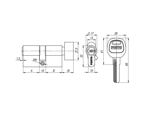 Цилиндровый Punto (Пунто) механизм (A202/120) A2002Knob120(65+10+45) с вертушкой SN никель Цилиндровый Punto (Пунто) механизм (A202/120) A2002Knob120(65+10+45) с вертушкой SN никель