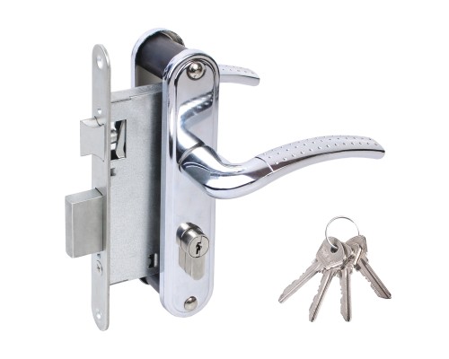 Замок Omega (Омега) врезной цилиндровый с защёлкой в комплекте с ручкой ЗВ4-55.27 (хром), 4 кл.