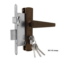Замок Omega (Омега) врезной цилиндровый с защёлкой в комплекте с ручкой ЗВ7.01 (медь), 4 кл.
