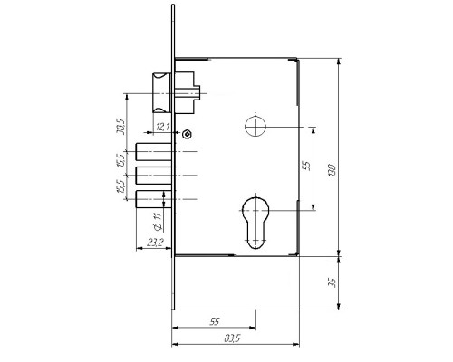 Замок Absolyute (Абсолют) врезной цилиндровый с защёлкой в комплекте с ручкой ЗВ4-3/09Р (медь), 4 кл.