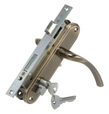 Замок Omega (Омега) врезной цилиндровый с защёлкой в комплекте с ручкой ЗВ4-70.27 (ант.бронза), 4 кл.