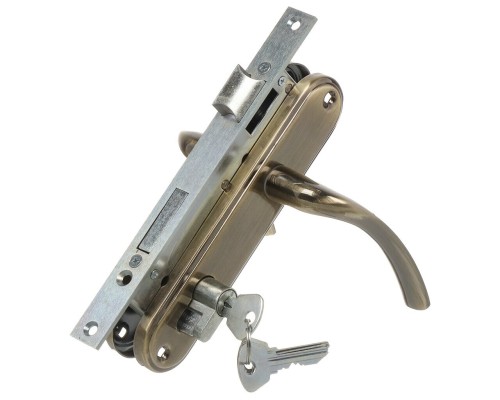 Замок Omega (Омега) врезной цилиндровый с защёлкой в комплекте с ручкой ЗВ4-70.27 (ант.бронза), 4 кл.