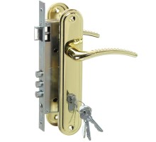 Замок Omega (Омега) врезной цилиндровый с защёлкой в комплекте с ручкой ЗВ4-85.27 (золото-лак), 4 кл.