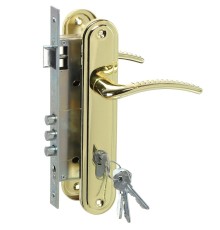 Замок Omega (Омега) врезной цилиндровый с защёлкой в комплекте с ручкой ЗВ4-85.27 (золото-лак), 4 кл.