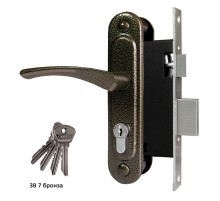 Замок Omega (Омега) врезной цилиндровый с защёлкой в комплекте с ручкой ЗВ7 (бронза), 4 кл.