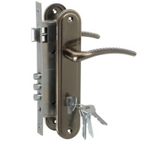 Замок Omega (Омега) врезной цилиндровый с защёлкой в комплекте с ручкой ЗВ4-85.27 (ант.бронза), 4 кл.