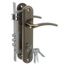 Замок Omega (Омега) врезной цилиндровый с защёлкой в комплекте с ручкой ЗВ4-85.27 (ант.бронза), 4 кл.