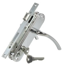 Замок Omega (Омега) врезной цилиндровый с защёлкой в комплекте с ручкой ЗВ4-70.27 (хром), 4 кл.