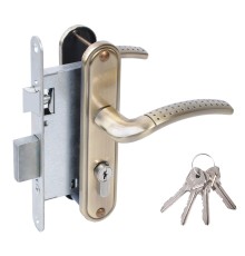 Замок Omega (Омега) врезной цилиндровый с защёлкой в комплекте с ручкой ЗВ4-55.27 (ант.бронза), 4 кл.