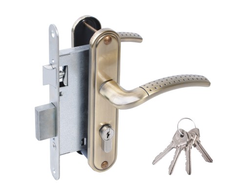 Замок Omega (Омега) врезной цилиндровый с защёлкой в комплекте с ручкой ЗВ4-55.27 (ант.бронза), 4 кл.