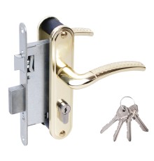 Замок Omega (Омега) врезной цилиндровый с защёлкой в комплекте с ручкой ЗВ4-55.27 (золото-лак), 4 кл.