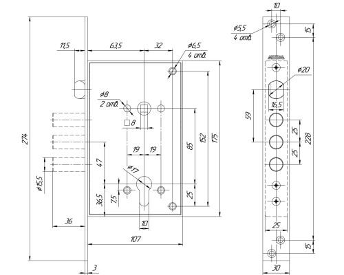 Корпус Mettem (Меттэм) врезного замка с защёлкой ЗВ4 713.0.0 Корпус Mettem (Меттэм) врезного замка с защёлкой ЗВ4 713.0.0