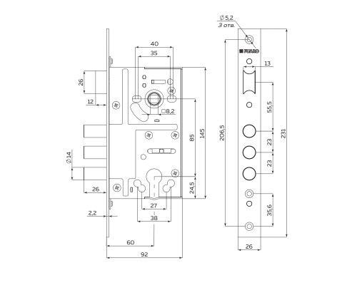 Корпус Fuaro (Фуаро) врезного замка c защёлкой MDV811/C-60.85.3R14 Корпус Fuaro (Фуаро) врезного замка c защёлкой MDV811/C-60.85.3R14