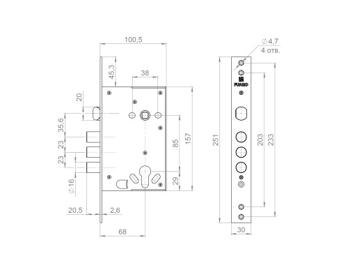 Корпус Fuaro (Фуаро) врезного замка полуавтоматический с защёлкой MDV32.21/C-60.85.3R16 S/A