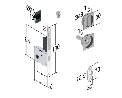 Bonaiti Комплект WC для раздвижных дверей (Механизм G500T H21 + ручки EASY QUADRO) сатин хром Bonaiti Комплект WC для раздвижных дверей (Механизм G500T H21 + ручки EASY QUADRO) сатин хром