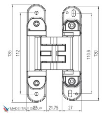 KUBICA K2760CM DXSX, AV петля скрытая универсальная ЗОЛОТО САТИНИРОВАННОЕ (60 kg)