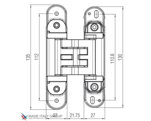KUBICA K2760CM DXSX, AV петля скрытая универсальная ЗОЛОТО САТИНИРОВАННОЕ (60 kg)